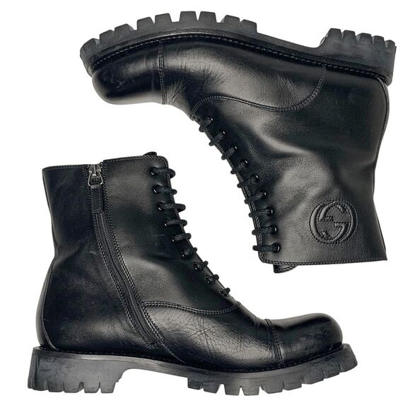 Gucci Royan Lace Up Combat Ankle Boot EU 38 US 8 Black Leather Double GG Logo - Picture 6 of 10